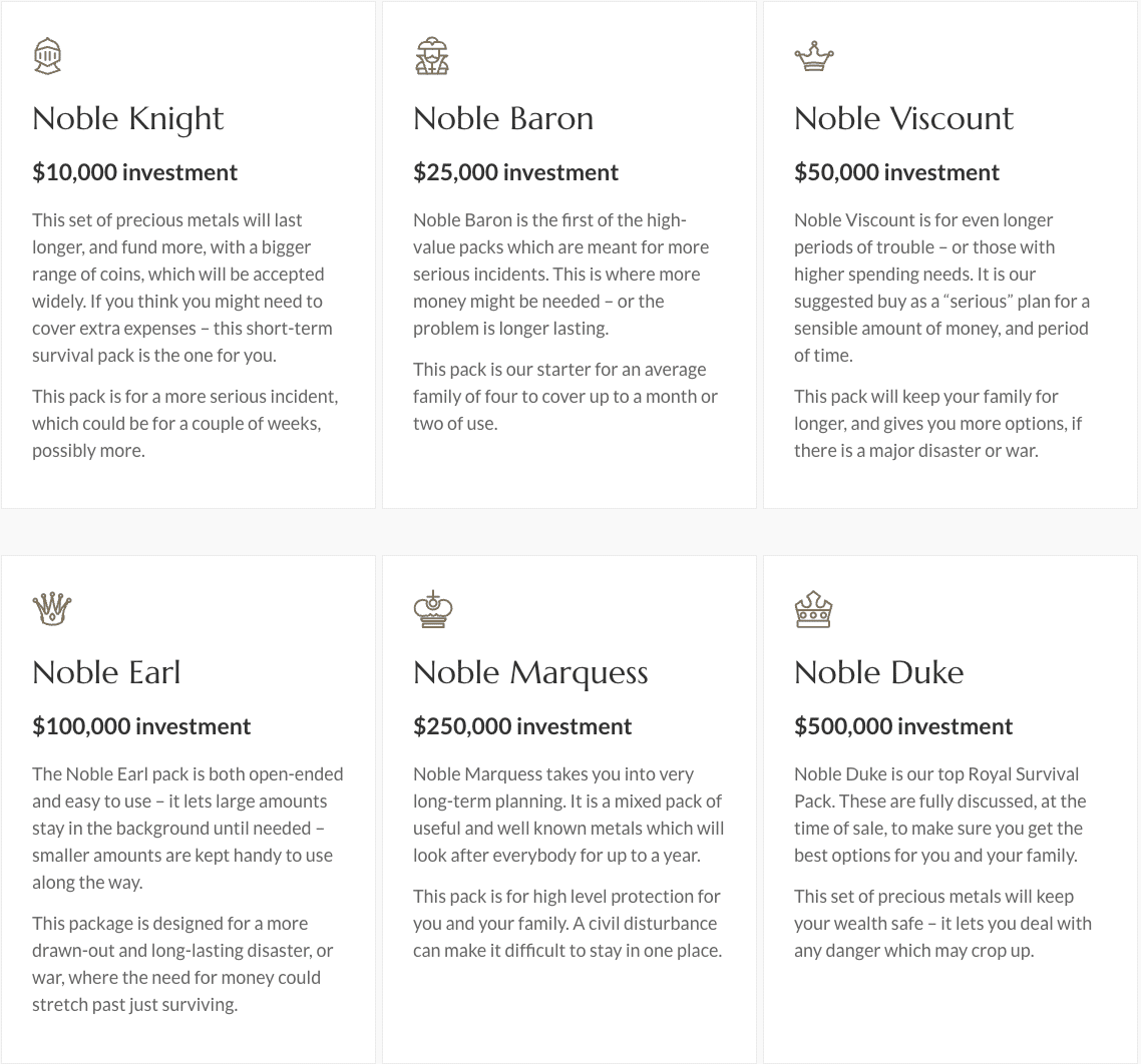 noble gold royal survival packs
